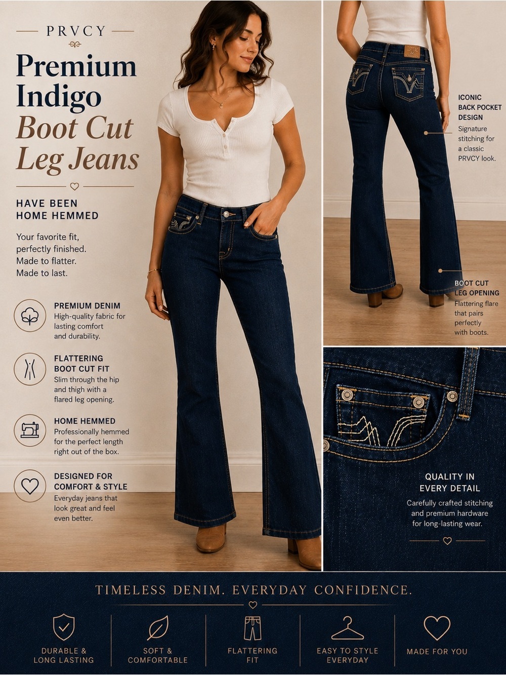 PRVCY Premium Indigo Boot Cut Leg Women's Jeans have Been Home Hemmed